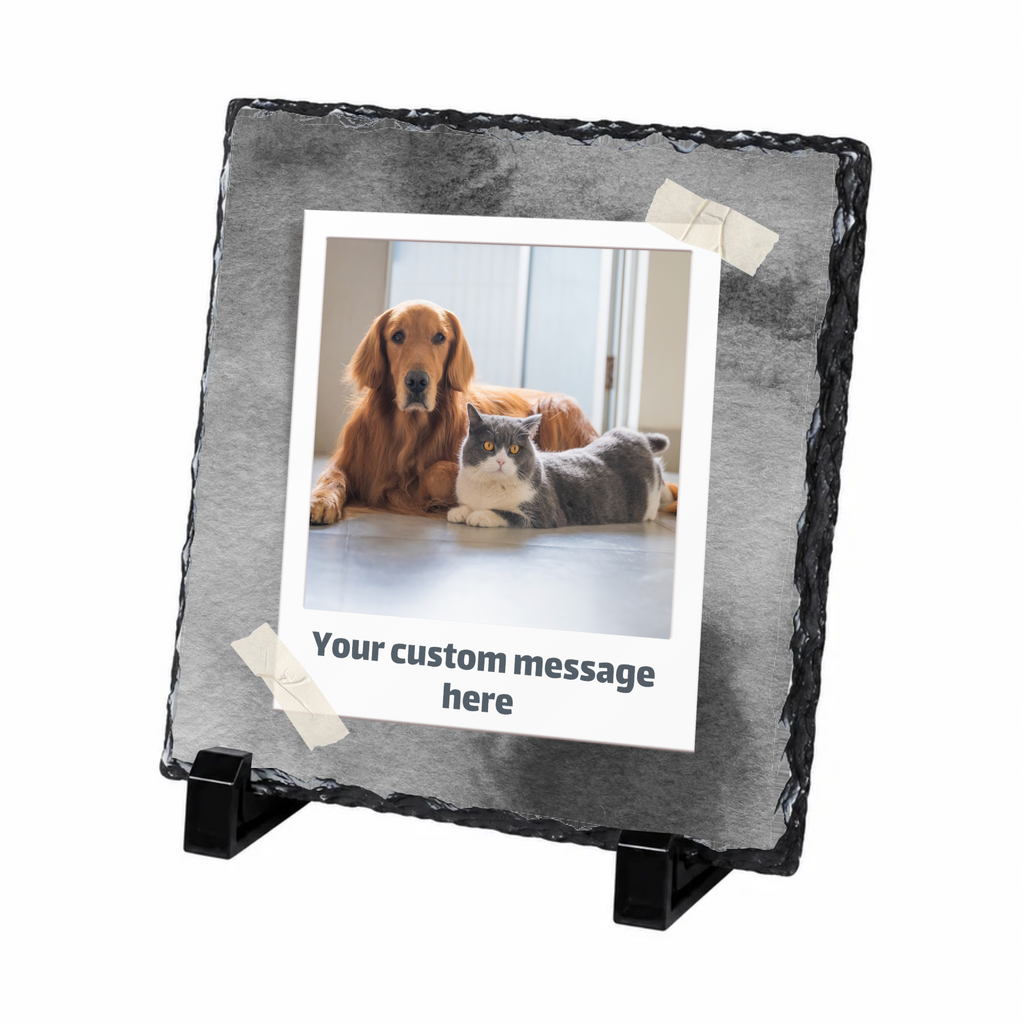 Personalised charcoal taped snapshot photo slate - white background with example photo