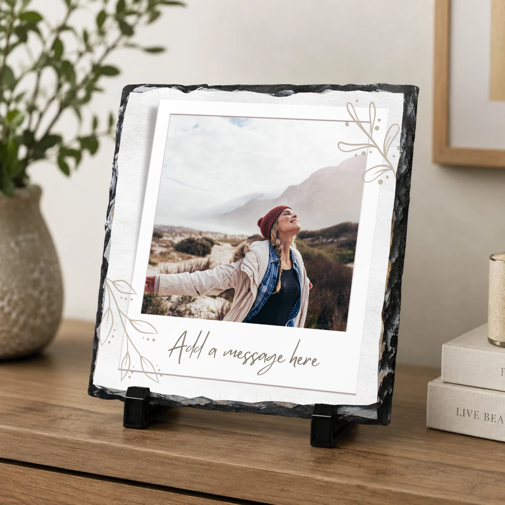 Personalised delicate botanical frame photo slate - console display with example photo