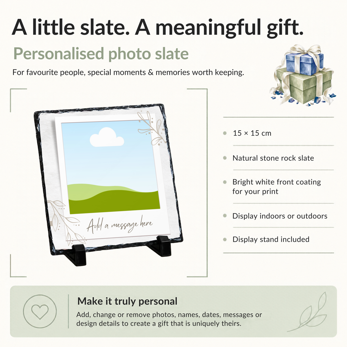 Personalised delicate botanical frame photo slate - size, material and personalisation details with photo placeholders