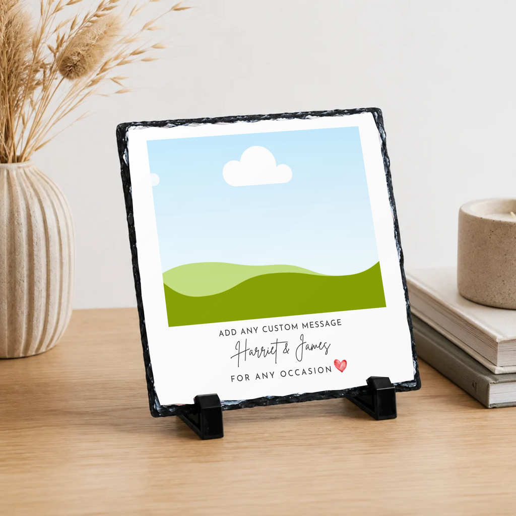 Personalised classic script & heart photo slate - lifestyle placement with photo placeholders