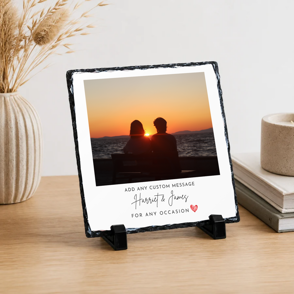 Personalised classic script & heart photo slate - lifestyle display with example photo