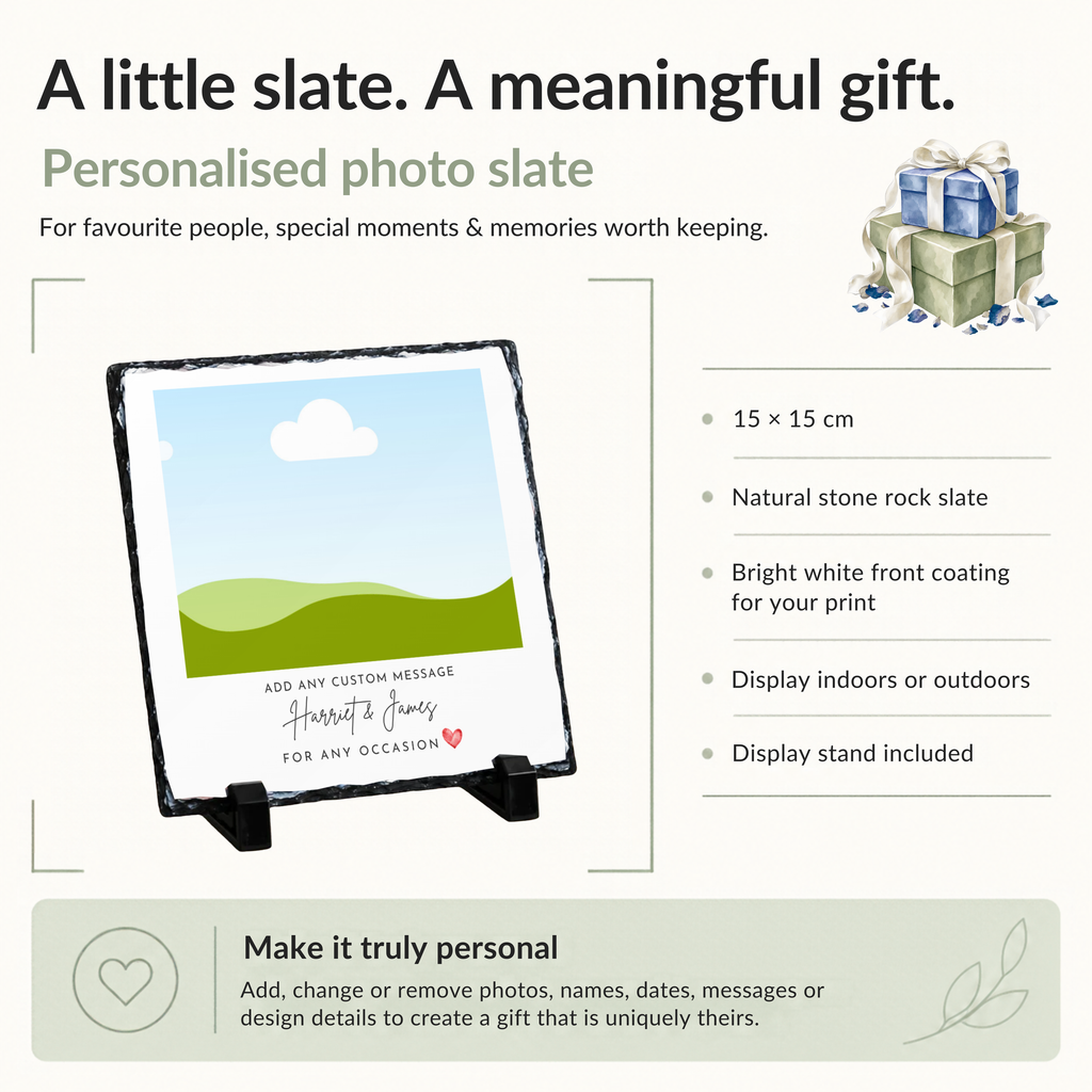Personalised classic script & heart photo slate - size, material and personalisation details with photo placeholders