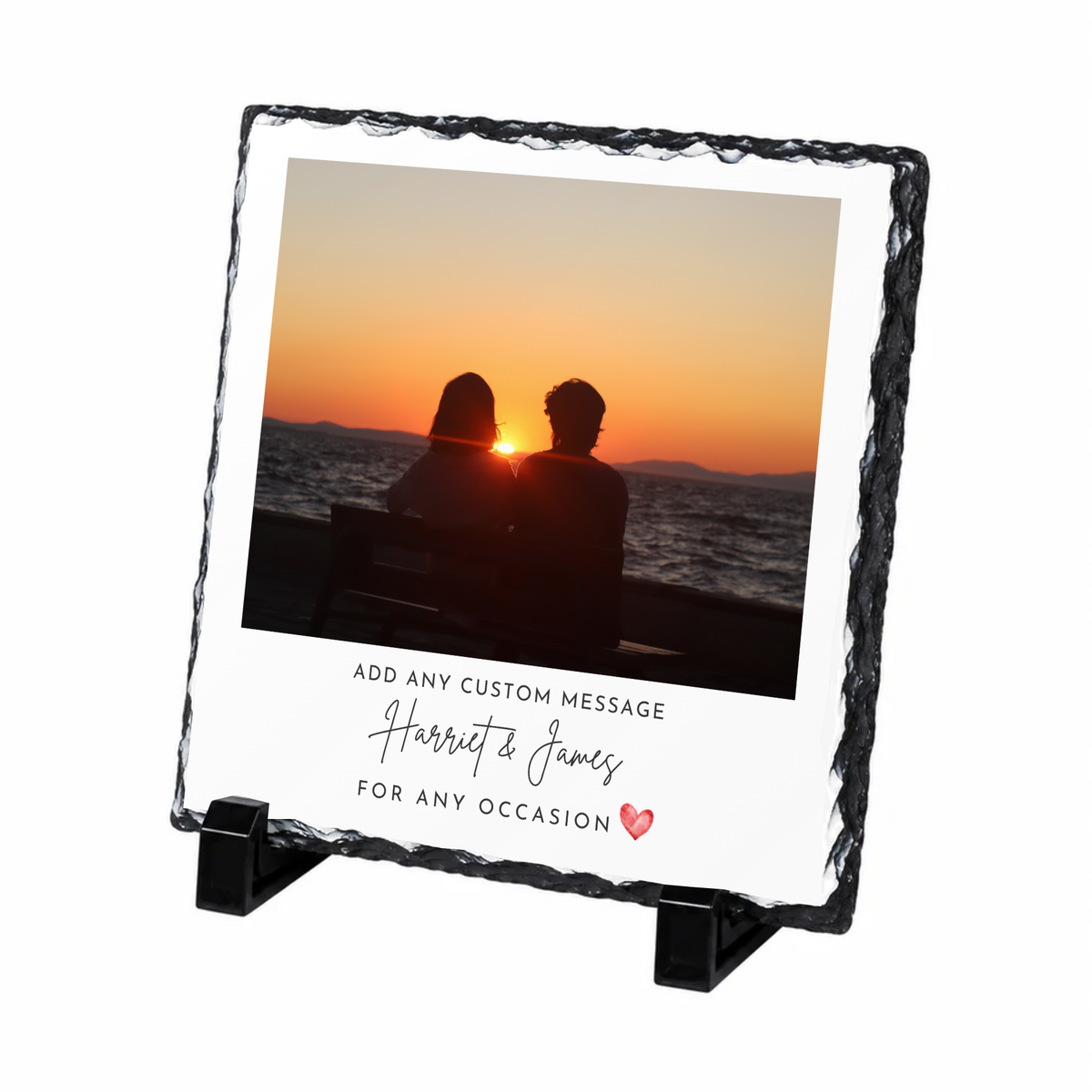 Personalised classic script & heart photo slate - white background with example photo