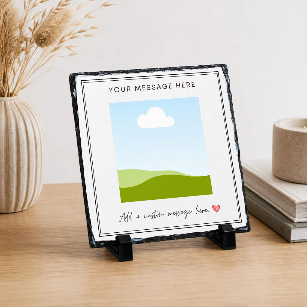 Personalised double line border photo slate - lifestyle placement with photo placeholders