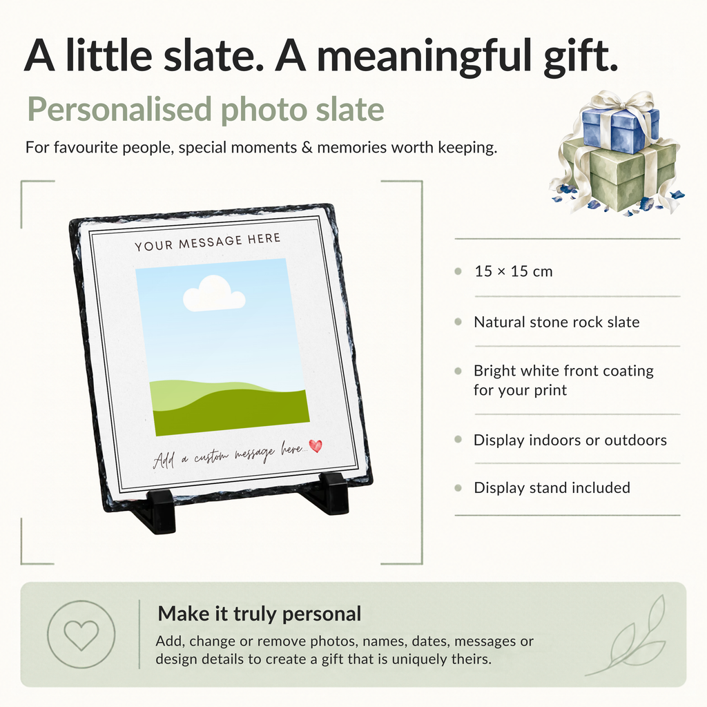 Personalised double line border photo slate - size, material and personalisation details with photo placeholders