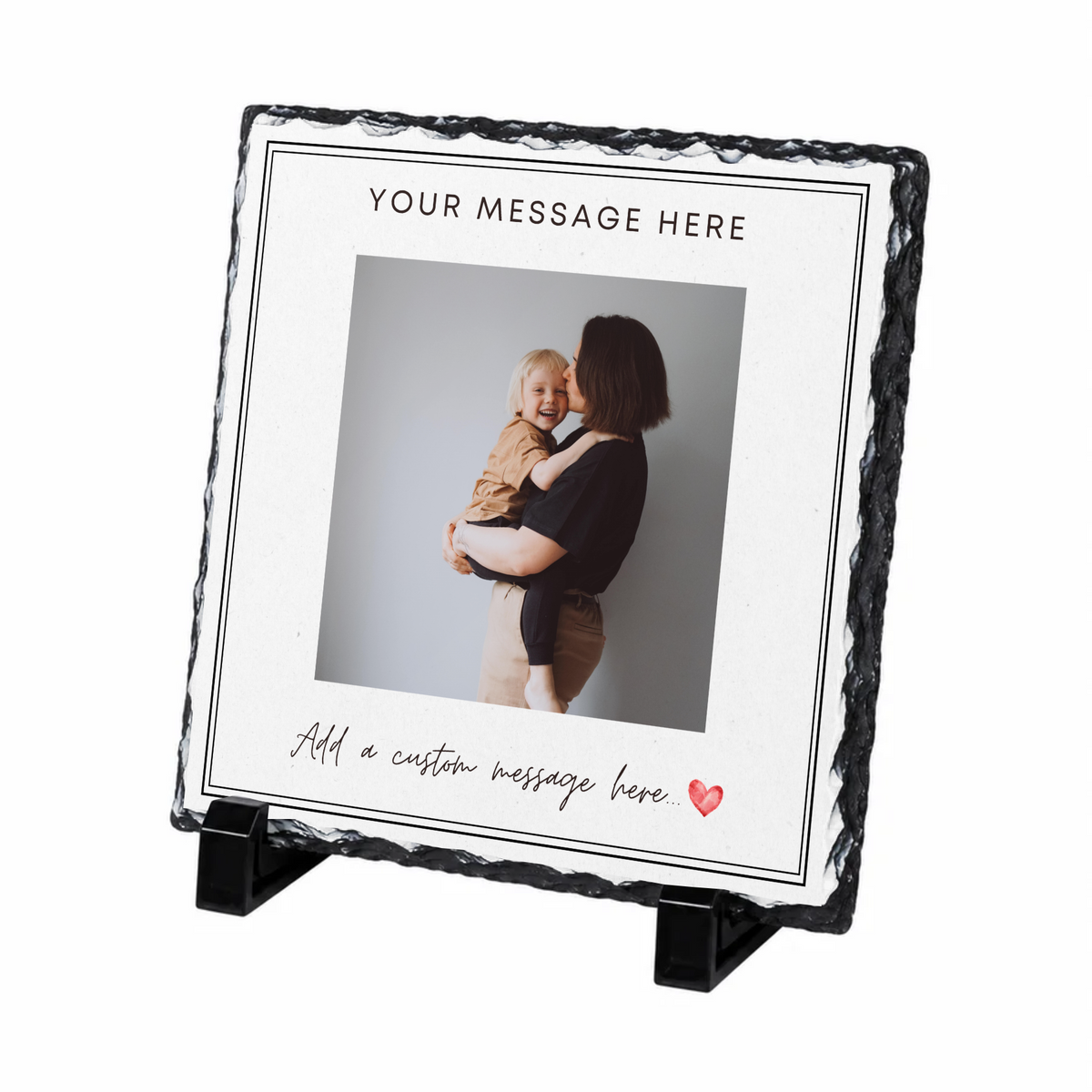 Personalised double line border photo slate - white background with example photo