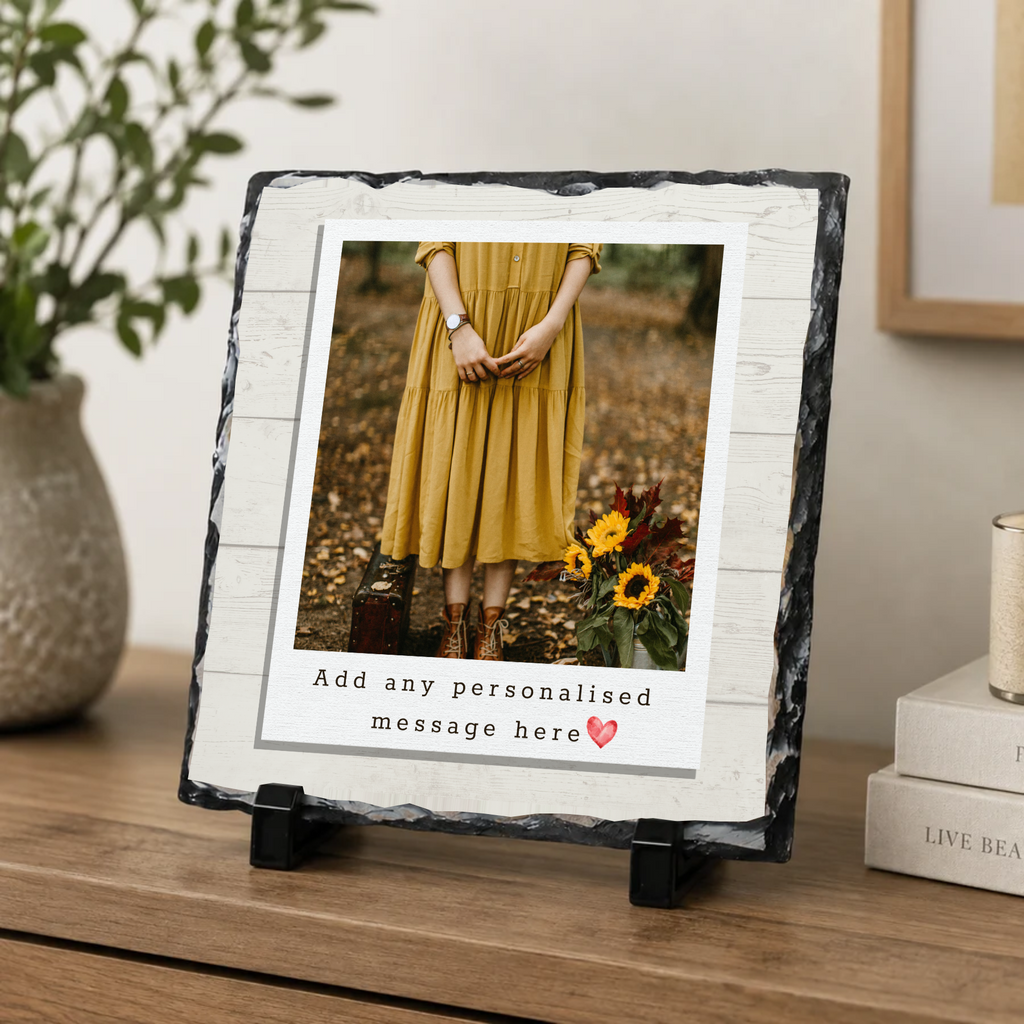 Personalised rustic wood effect frame photo slate - console display with example photo