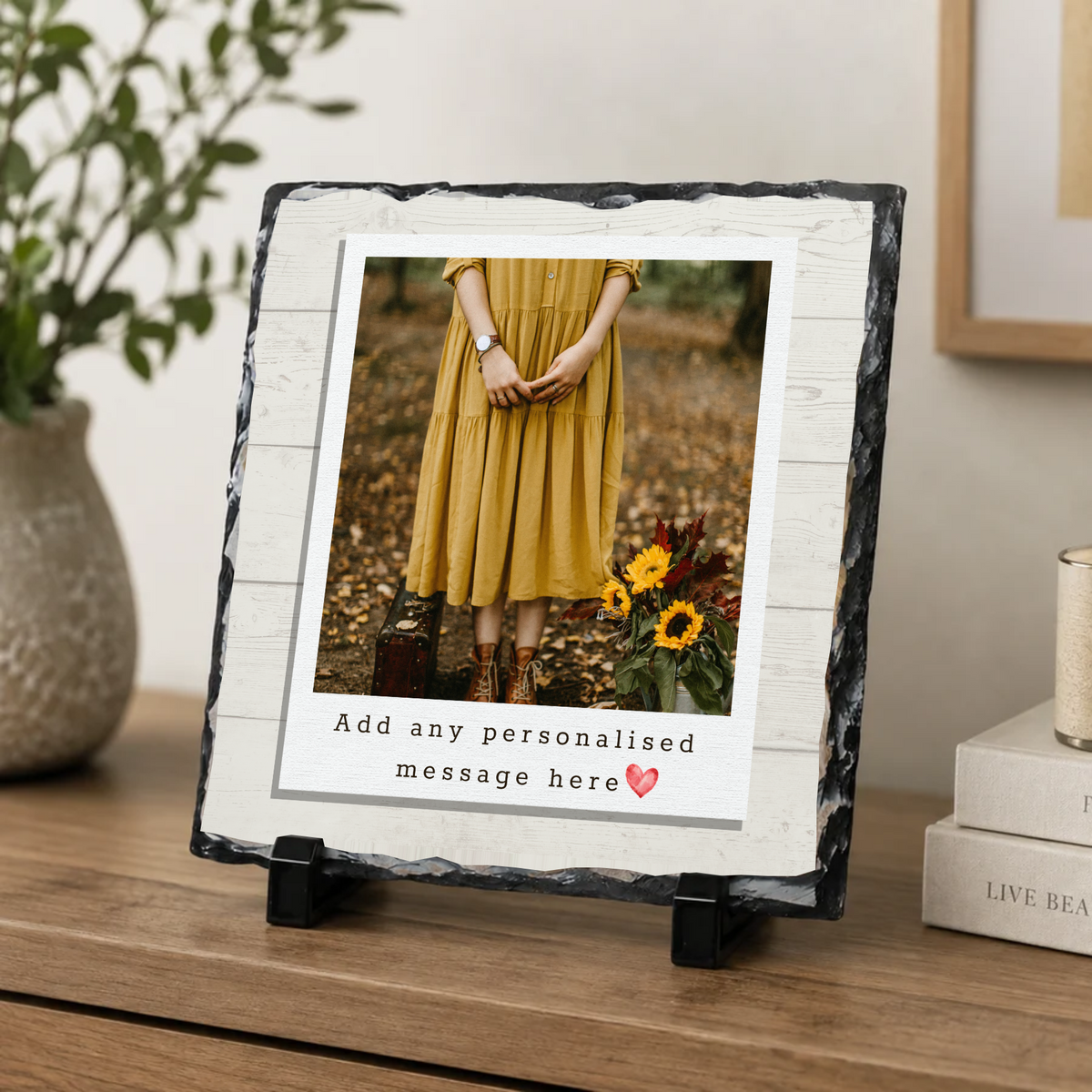 Personalised rustic wood effect frame photo slate - console display with example photo