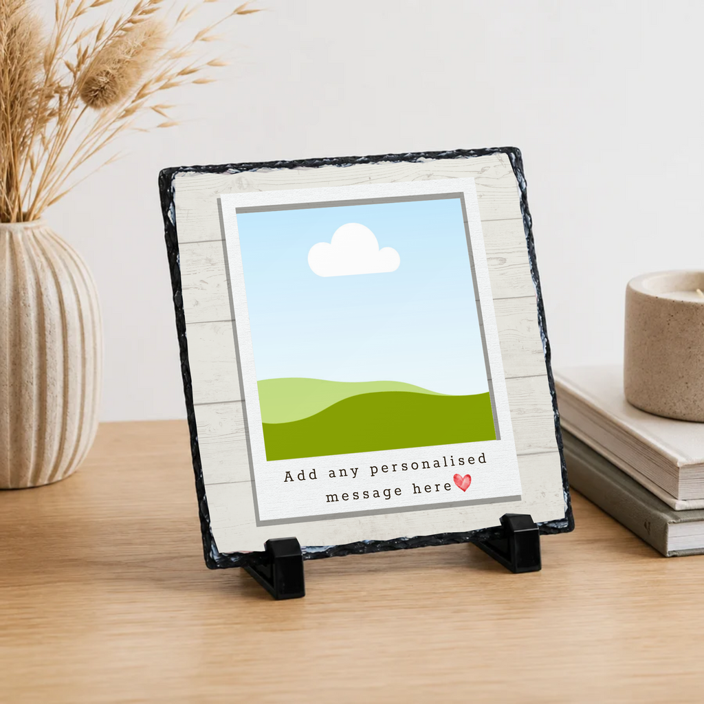 Personalised rustic wood effect frame photo slate - lifestyle placement with photo placeholders