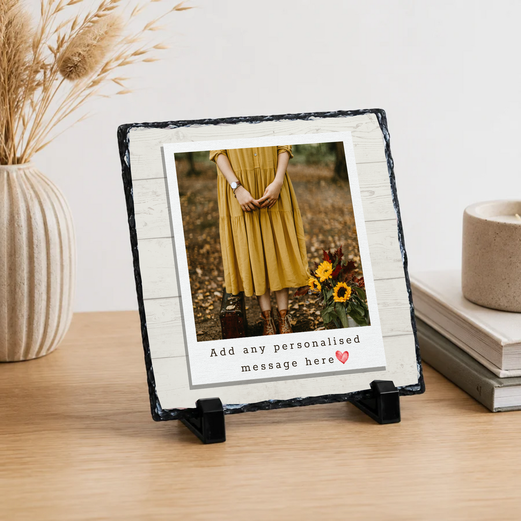 Personalised rustic wood effect frame photo slate - lifestyle display with example photo