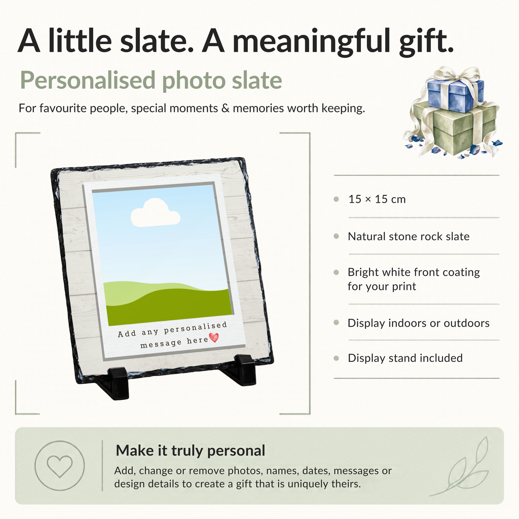 Personalised rustic wood effect frame photo slate - size, material and personalisation details with photo placeholders