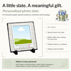 Personalised rustic wood effect frame photo slate - size, material and personalisation details with photo placeholders
