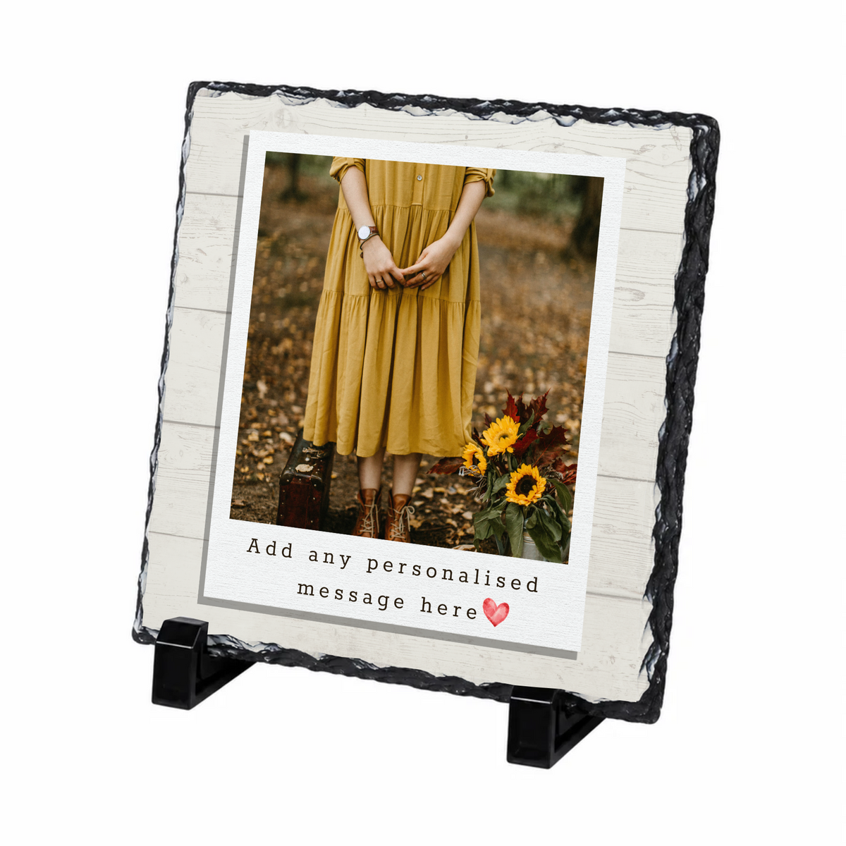 Personalised rustic wood effect frame photo slate - white background with example photo
