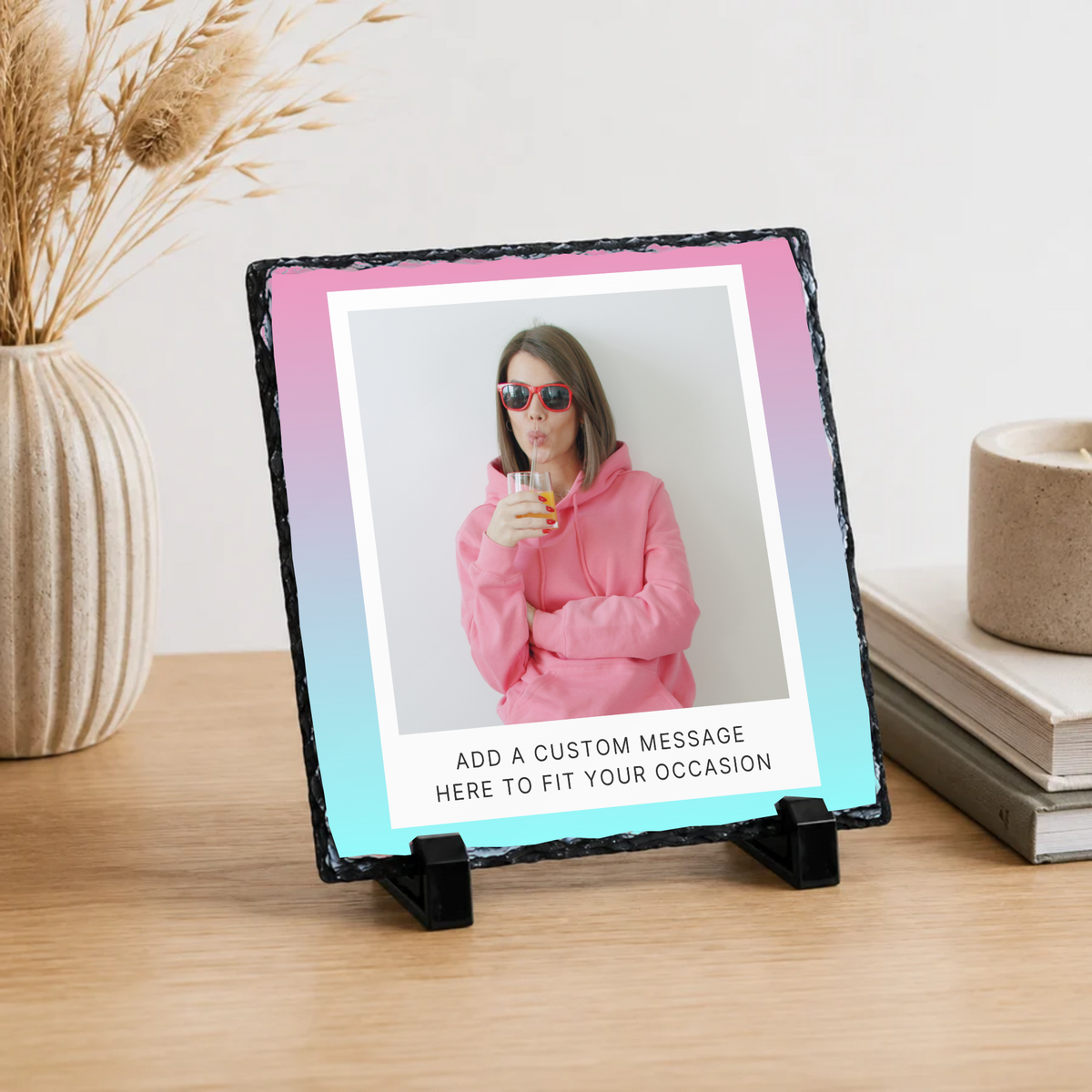 Personalised pink & aqua photo frame photo slate - lifestyle display with example photo