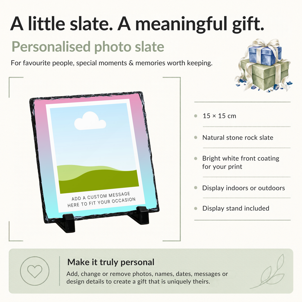 Personalised pink & aqua photo frame photo slate - size, material and personalisation details with photo placeholders