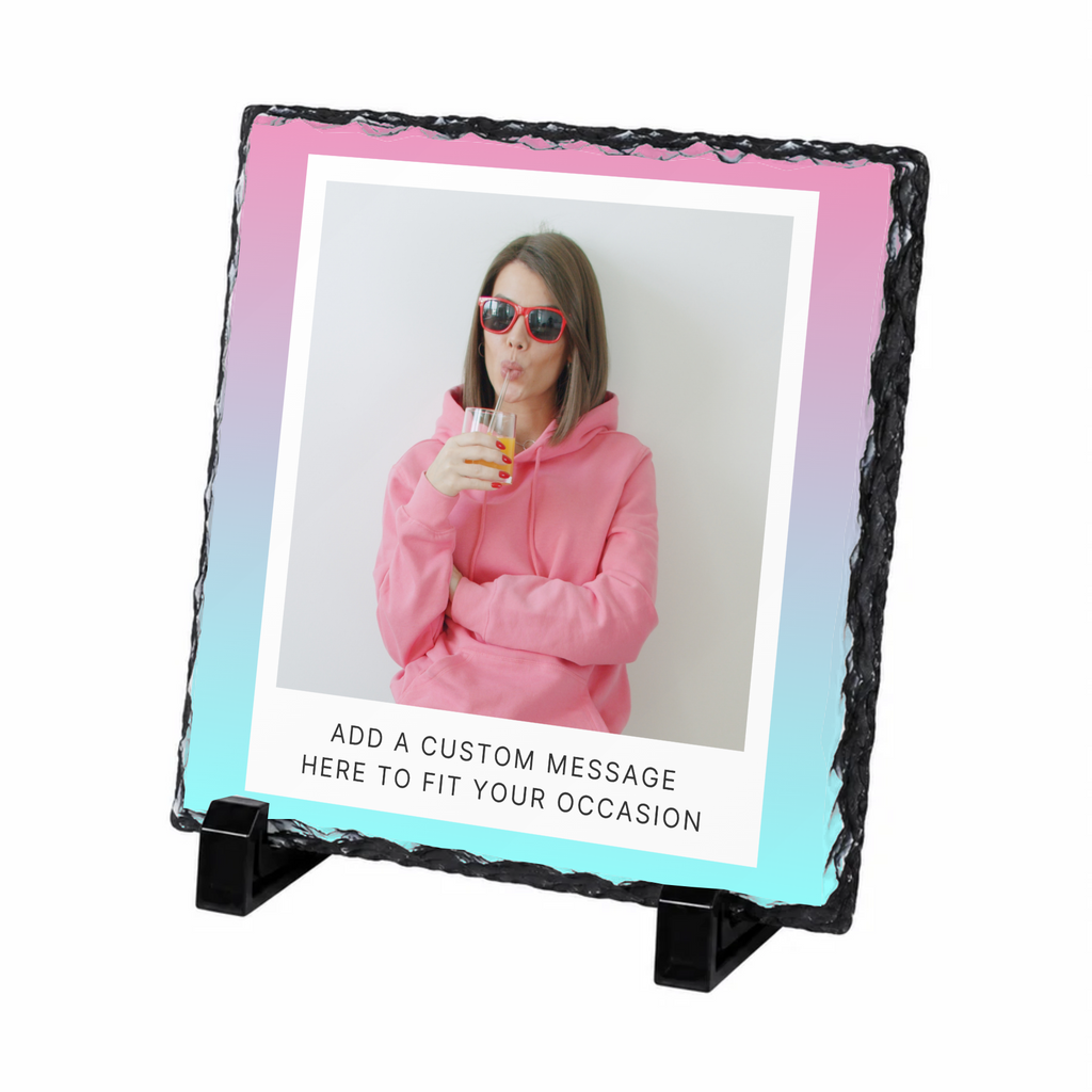 Personalised pink & aqua photo frame photo slate - white background with example photo