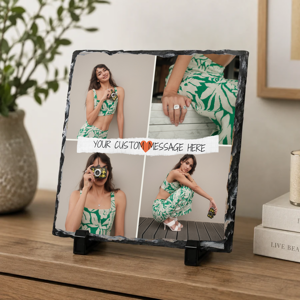 Personalised four photo heart collage photo slate - console display with example photo