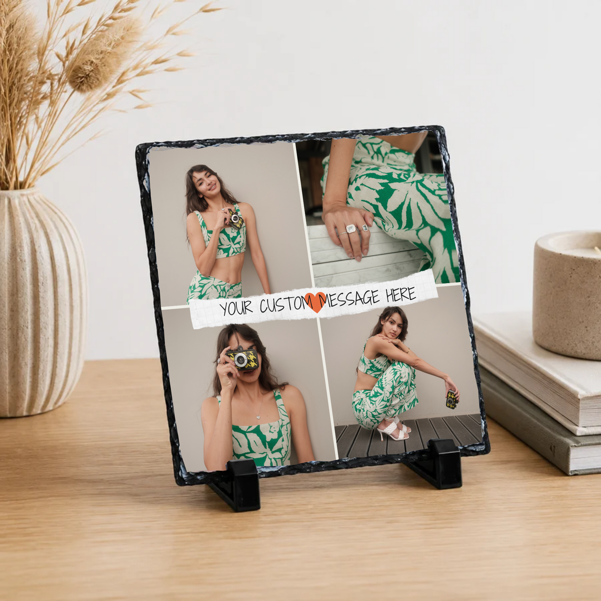 Personalised four photo heart collage photo slate - lifestyle display with example photo