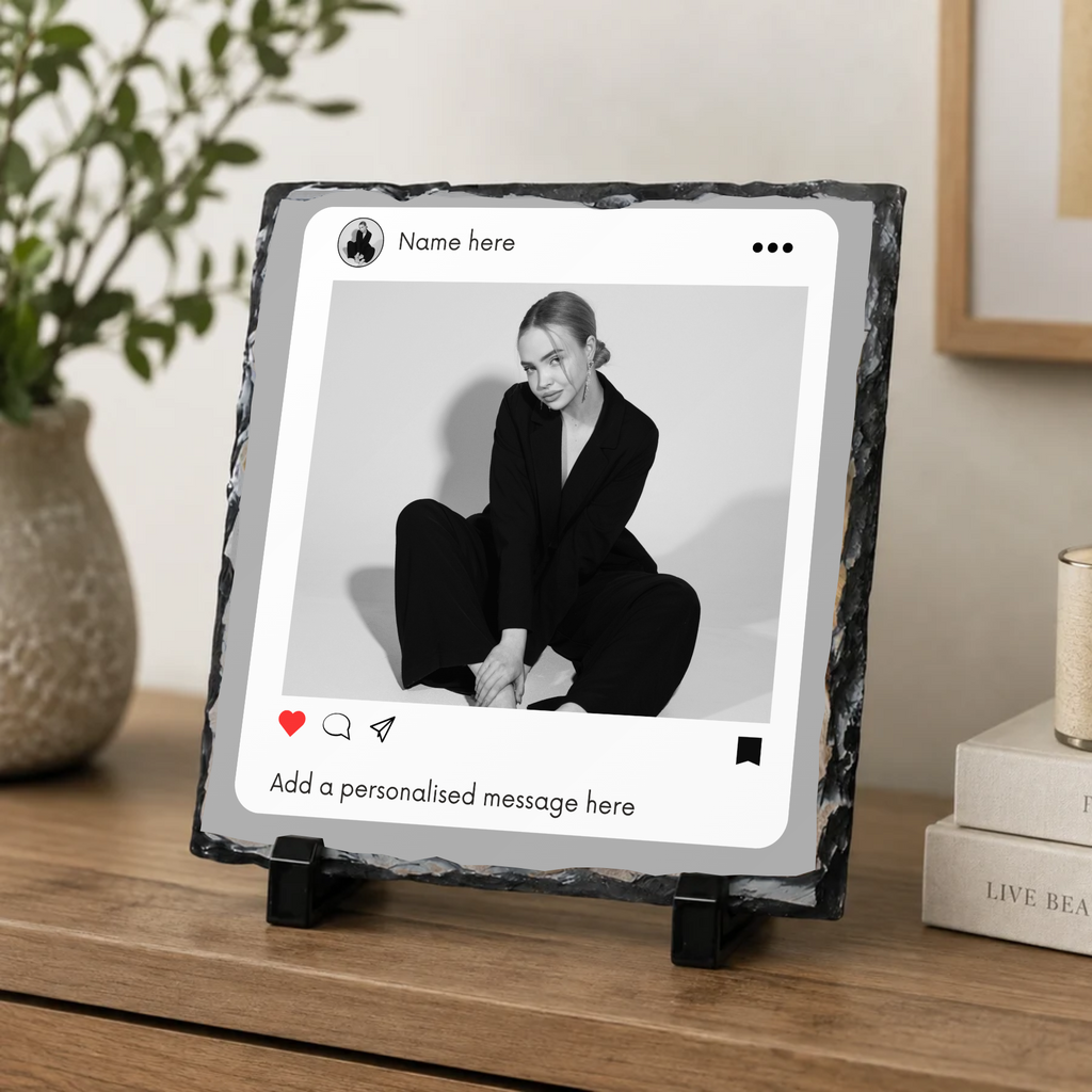 Personalised social media style photo slate - console display with example photo