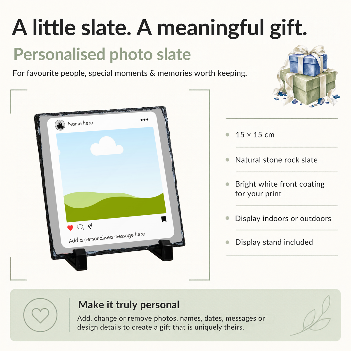 Personalised social media style photo slate - size, material and personalisation details with photo placeholders