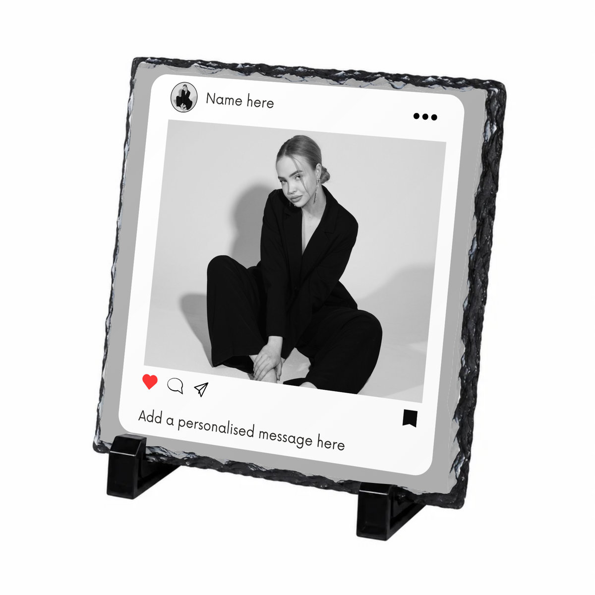 Personalised social media style photo slate - white background with example photo