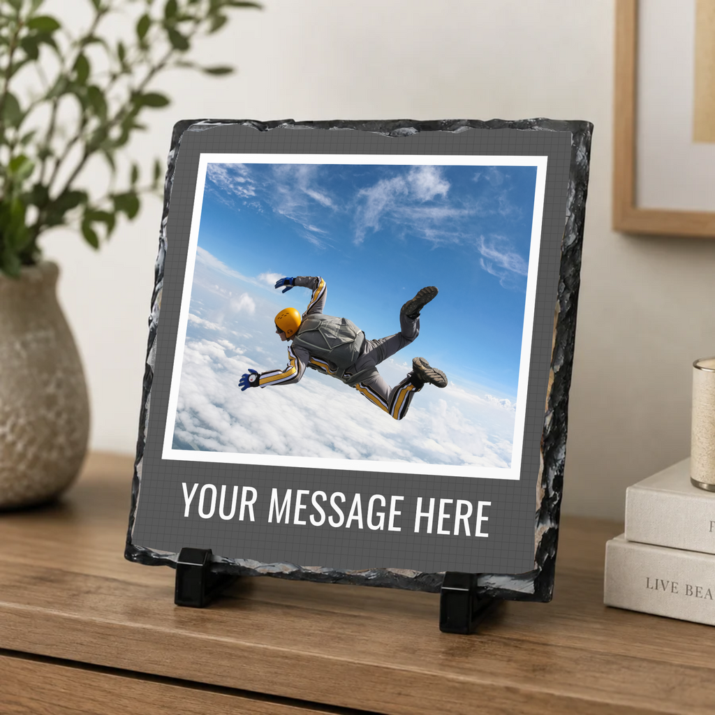 Personalised charcoal caption frame photo slate - console display with example photo