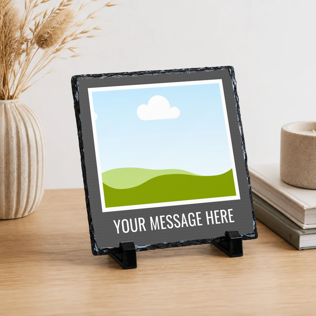 Personalised charcoal caption frame photo slate - lifestyle placement with photo placeholders
