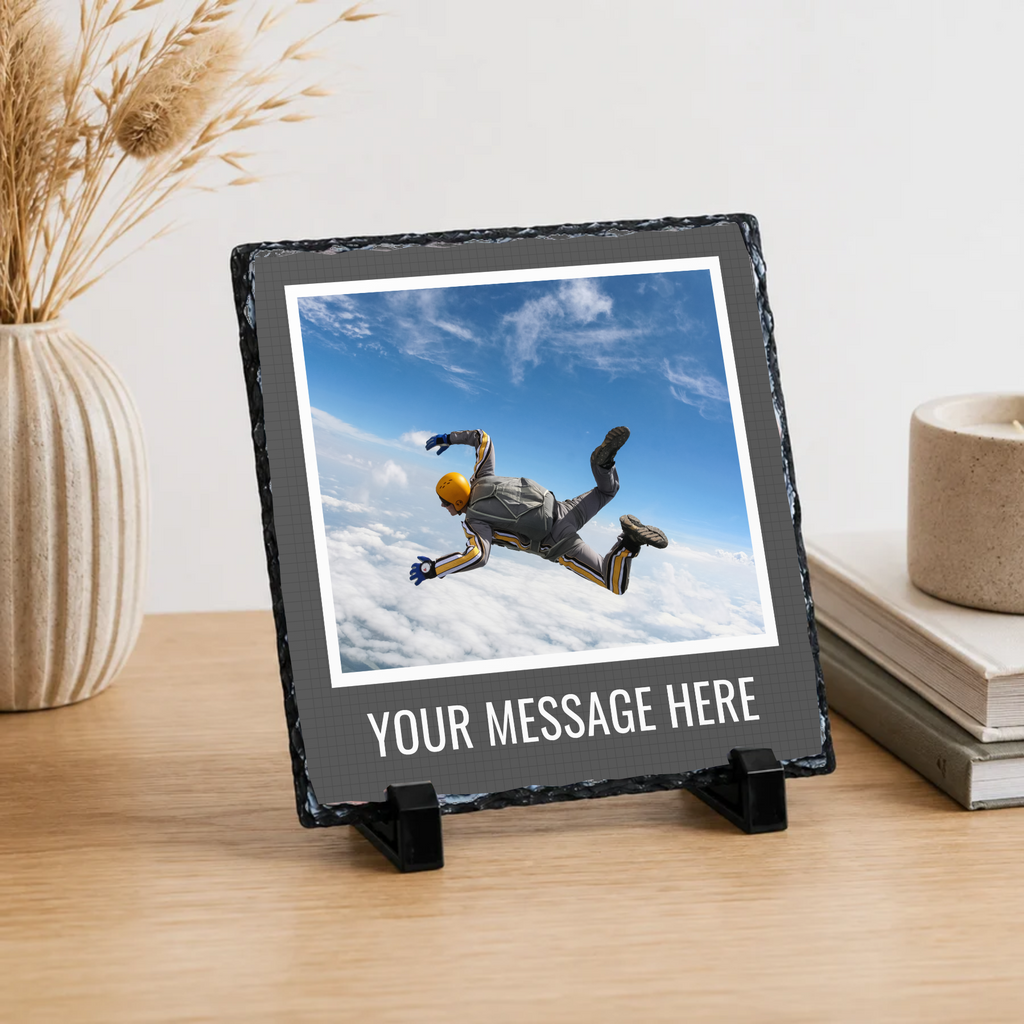Personalised charcoal caption frame photo slate - lifestyle display with example photo
