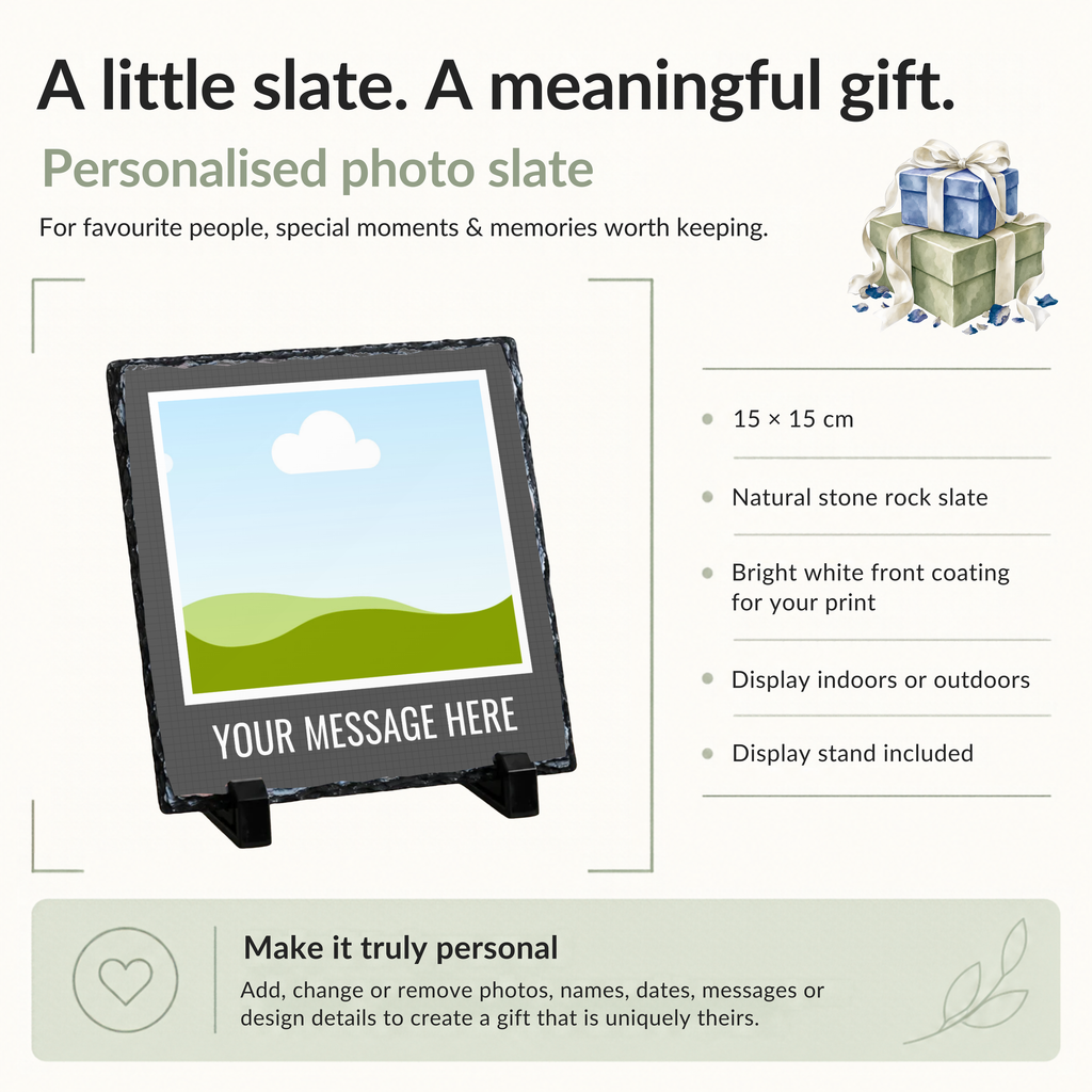Personalised charcoal caption frame photo slate - size, material and personalisation details with photo placeholders