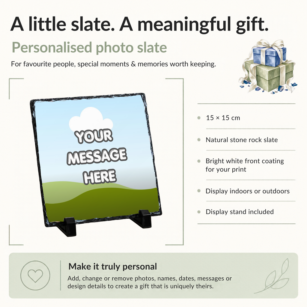 Personalised bold message photo slate - size, material and personalisation details with photo placeholders