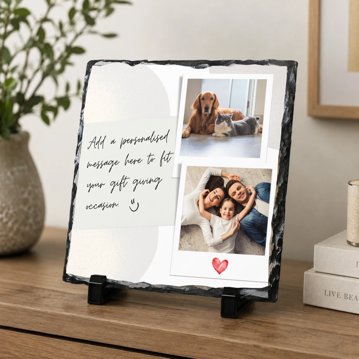 Personalised two photo curved message panel photo slate - console display with example photo