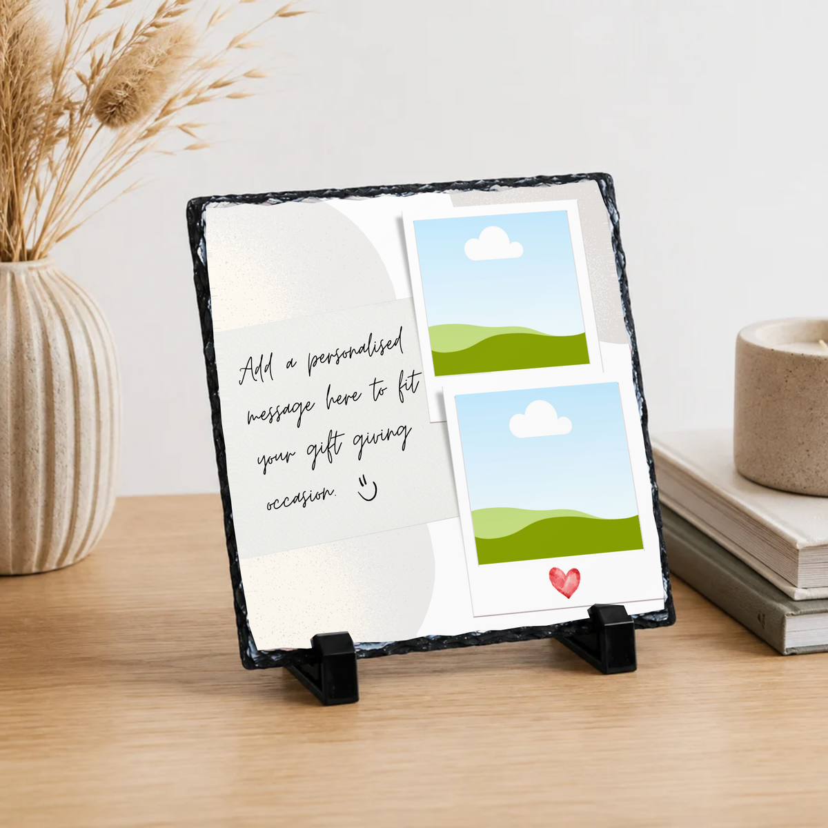 Personalised two photo curved message panel photo slate - lifestyle placement with photo placeholders