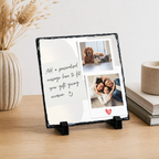 Personalised two photo curved message panel photo slate - lifestyle display with example photo