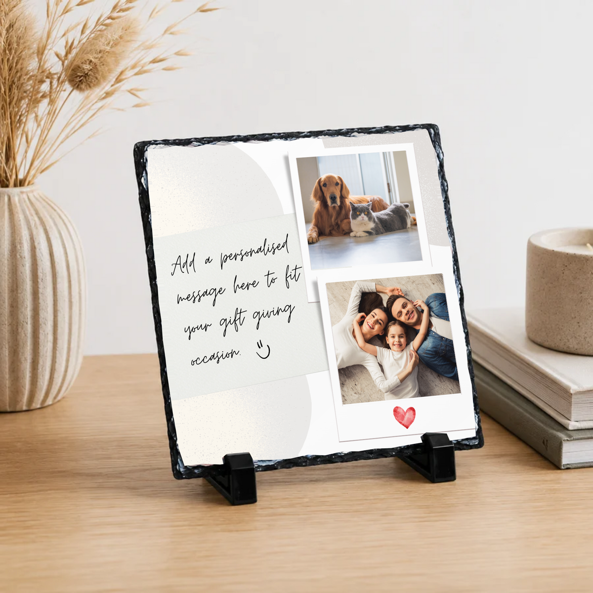 Personalised two photo curved message panel photo slate - lifestyle display with example photo