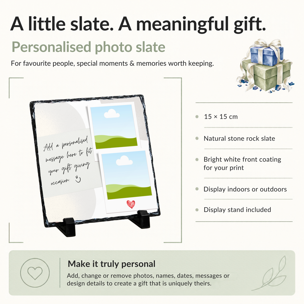 Personalised two photo curved message panel photo slate - size, material and personalisation details with photo placeholders