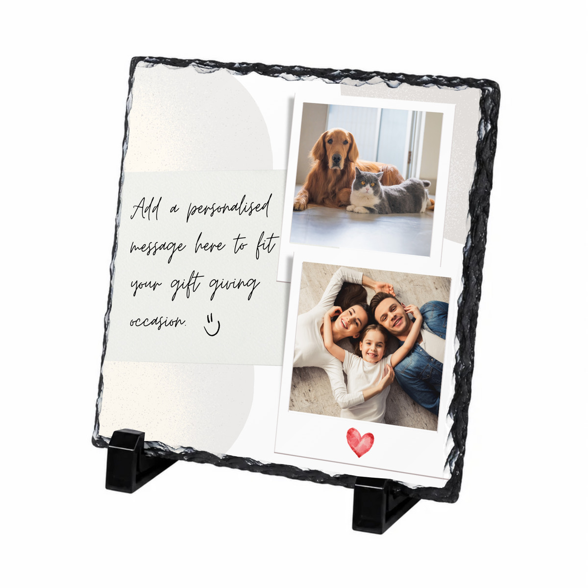 Personalised two photo curved message panel photo slate - white background with example photo