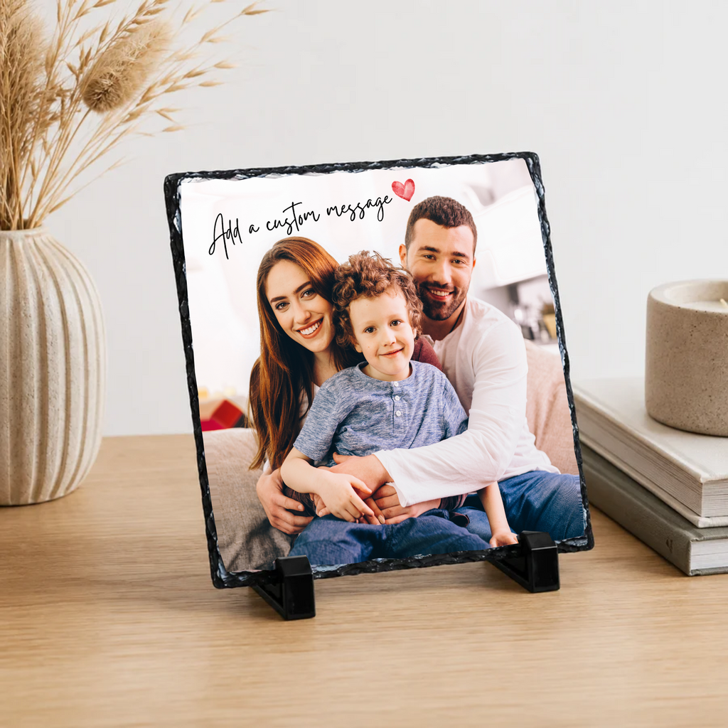 Personalised full photo script & heart photo slate - lifestyle display with example photo