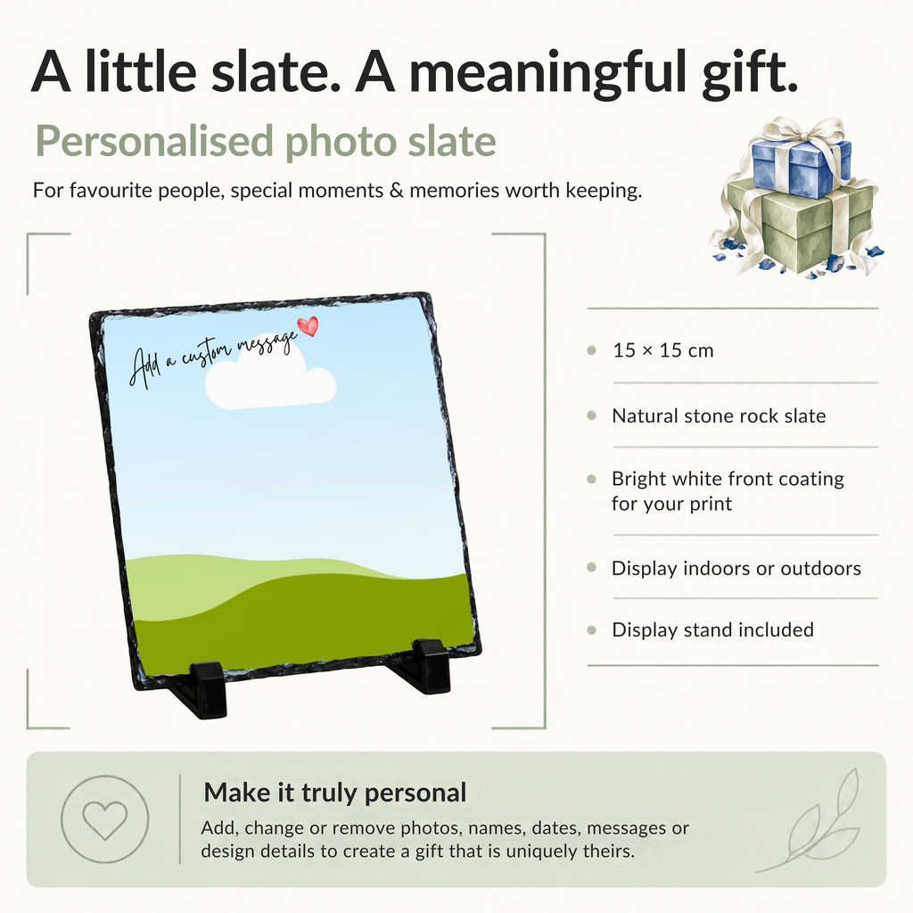 Personalised full photo script & heart photo slate - size, material and personalisation details with photo placeholders