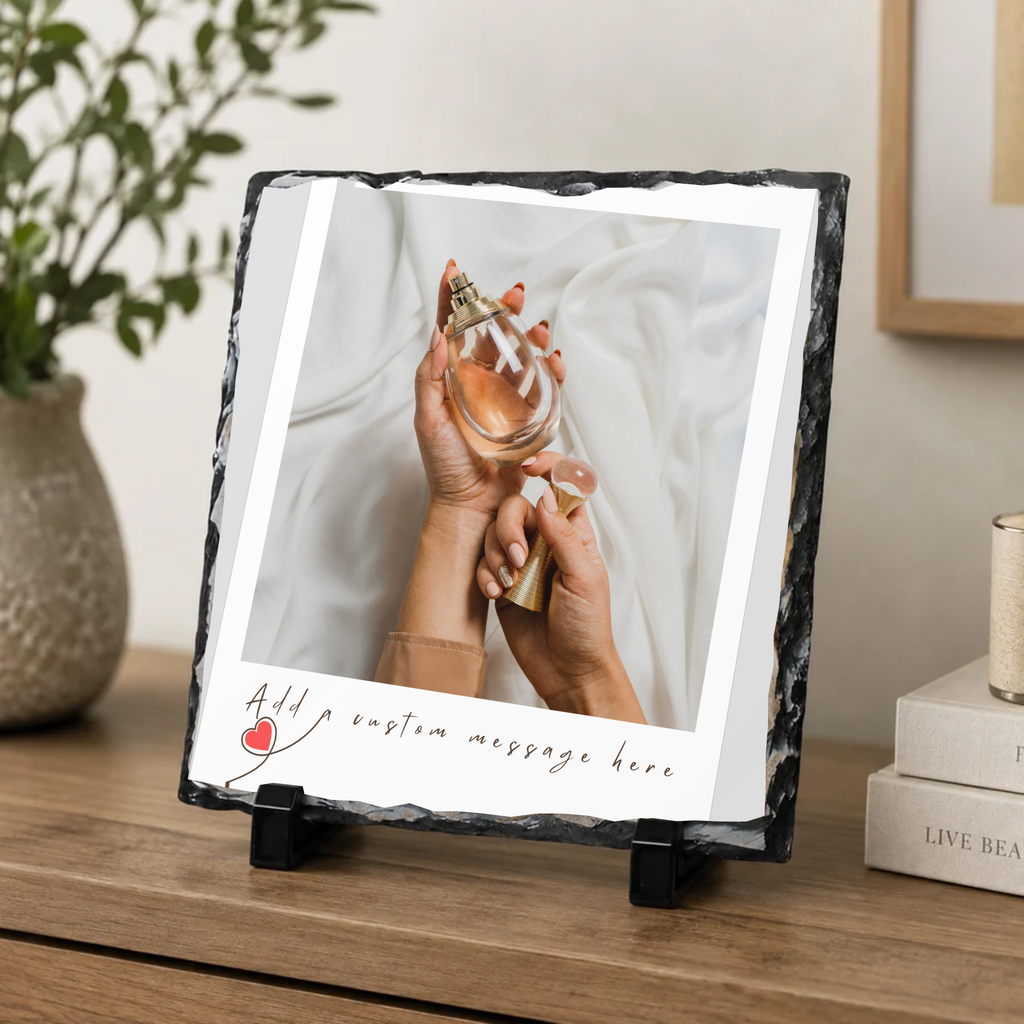 Personalised minimal white snapshot photo slate - console display with example photo