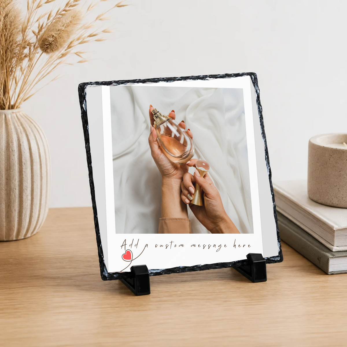 Personalised minimal white snapshot photo slate - lifestyle display with example photo