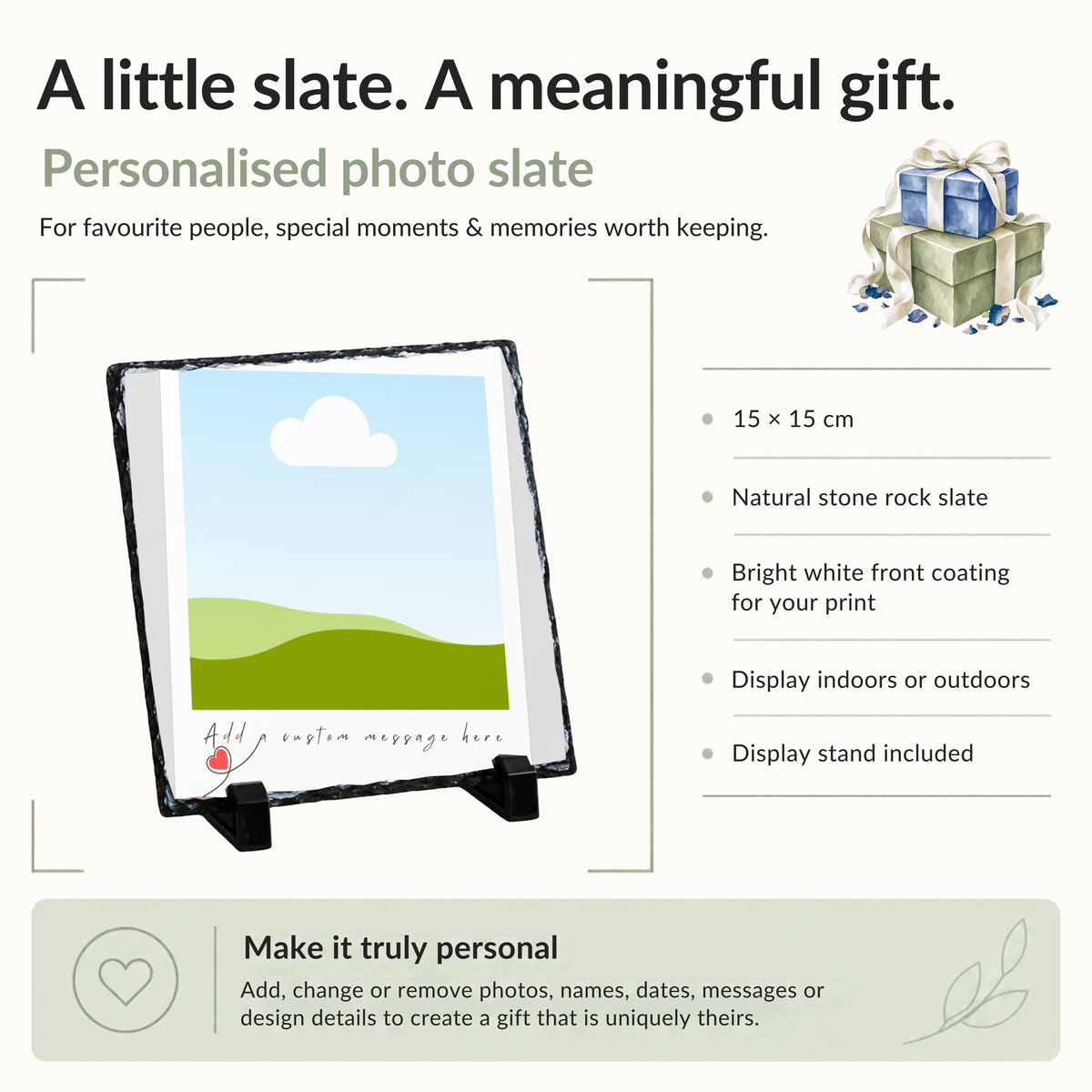 Personalised minimal white snapshot photo slate - size, material and personalisation details with photo placeholders