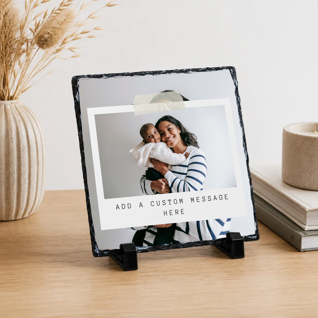 Personalised taped photo message strip photo slate - lifestyle display with example photo