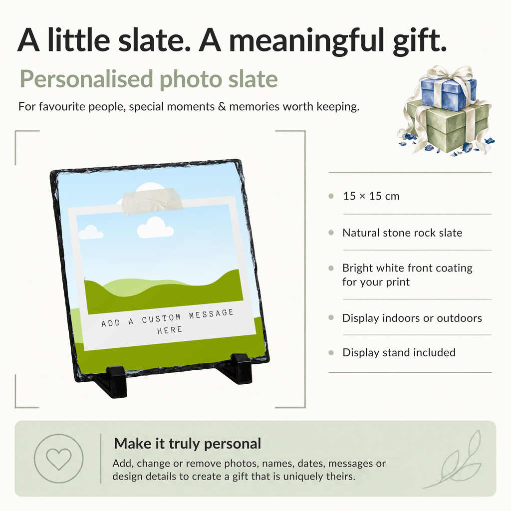Personalised taped photo message strip photo slate - size, material and personalisation details with photo placeholders