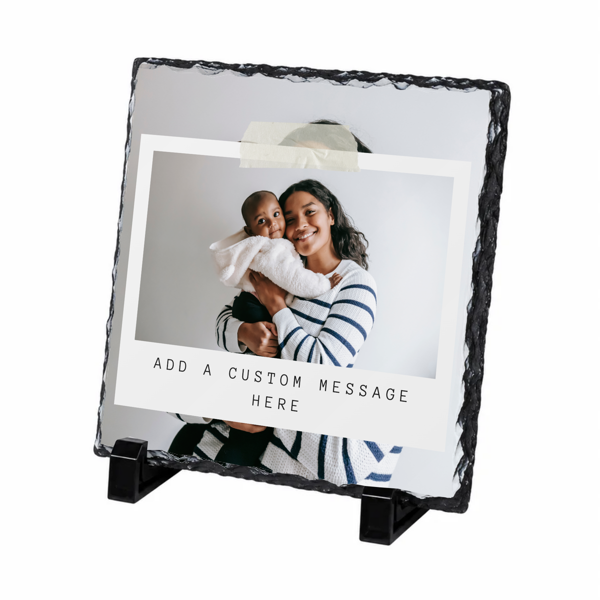 Personalised taped photo message strip photo slate - white background with example photo