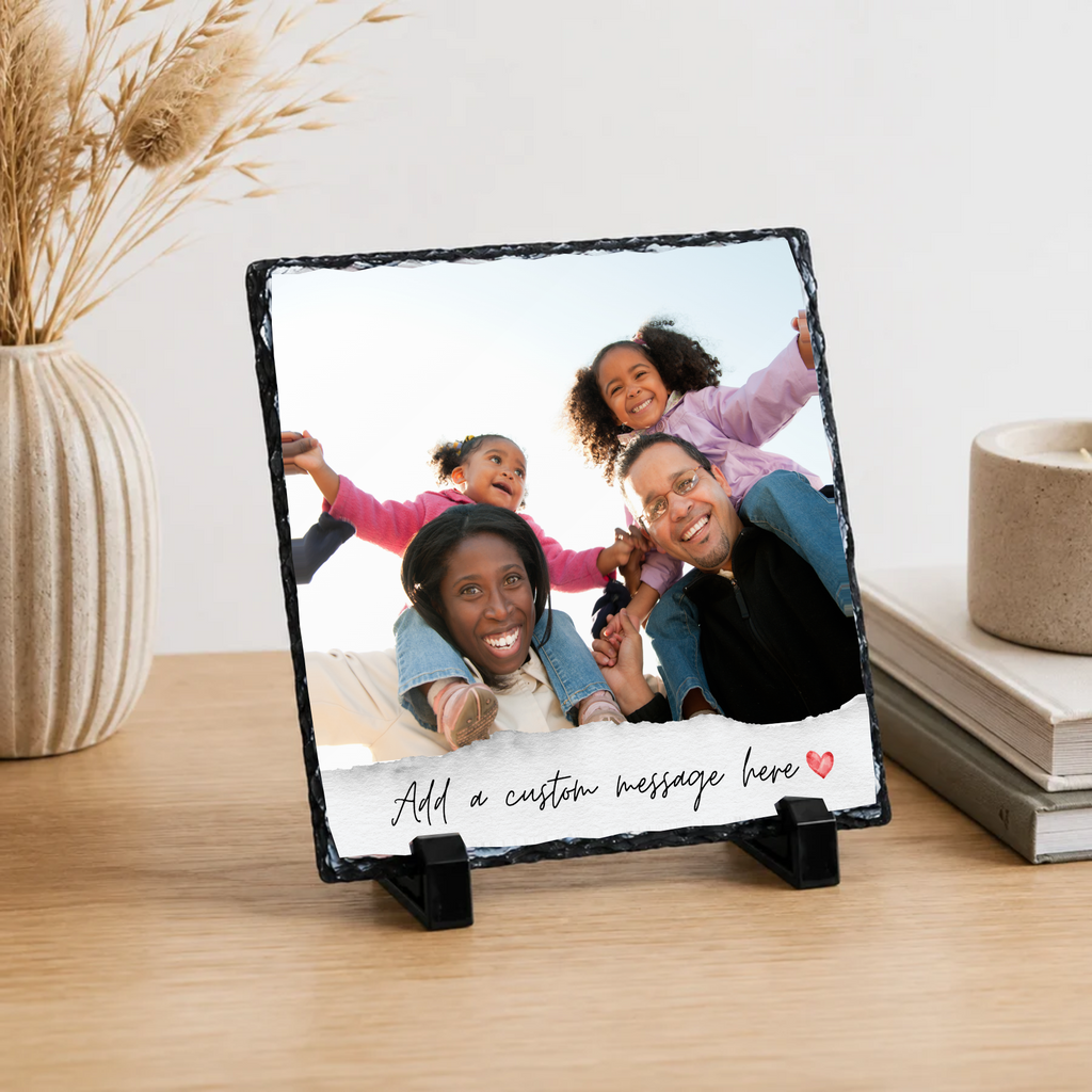 Personalised full photo torn paper message photo slate - lifestyle display with example photo