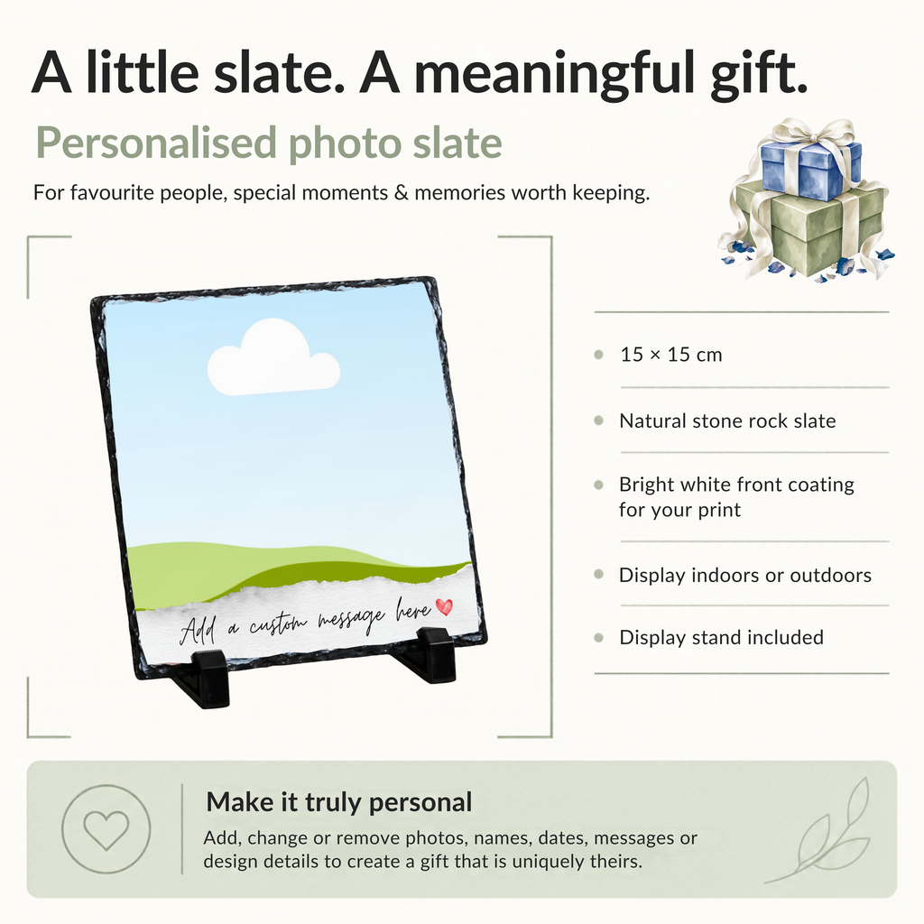 Personalised full photo torn paper message photo slate - size, material and personalisation details with photo placeholders