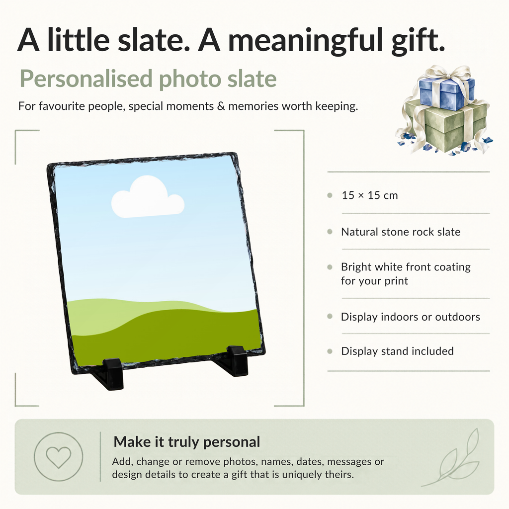 Personalised simple full photo slate - size, material and personalisation details with photo placeholders