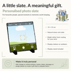 Personalised phone camera style photo slate - size, material and personalisation details with photo placeholders