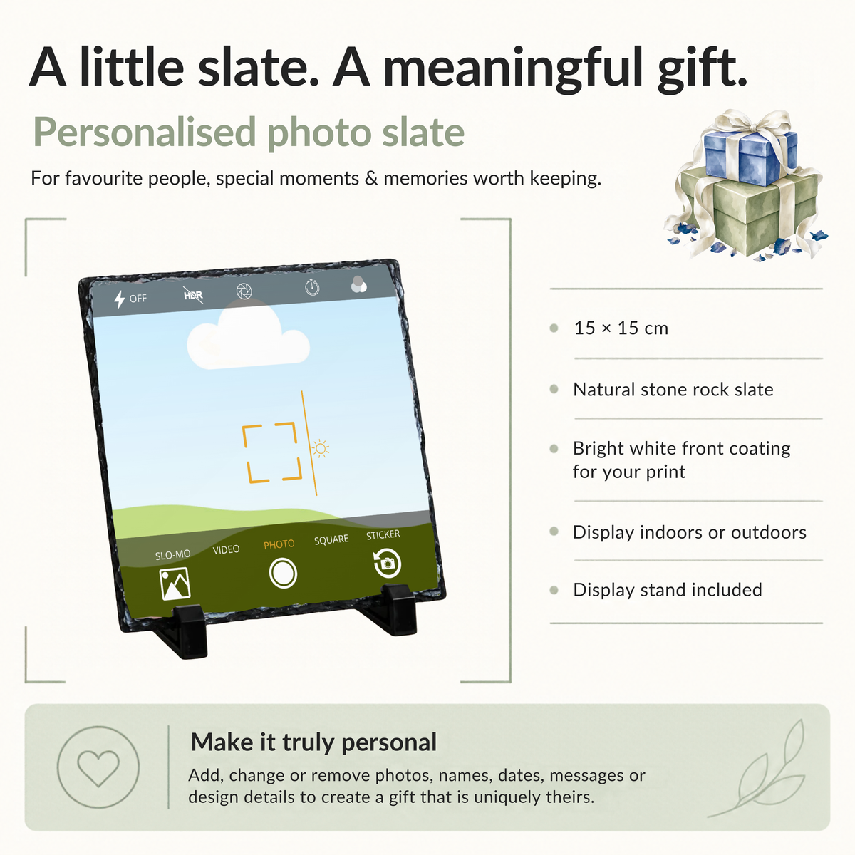 Personalised phone camera style photo slate - size, material and personalisation details with photo placeholders