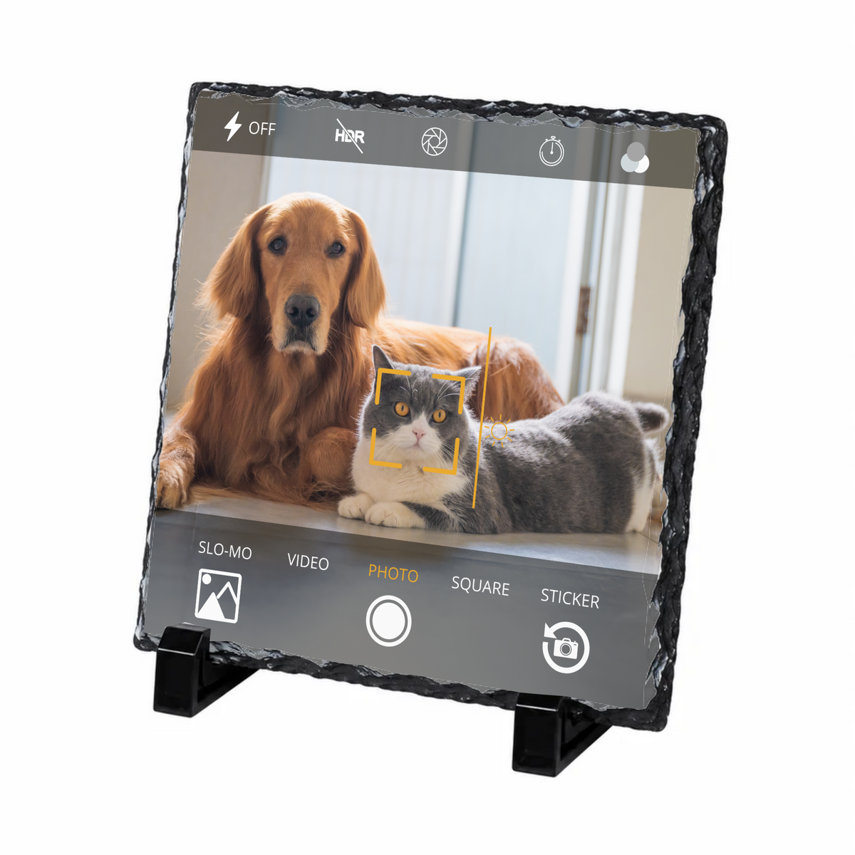 Personalised phone camera style photo slate - white background with example photo